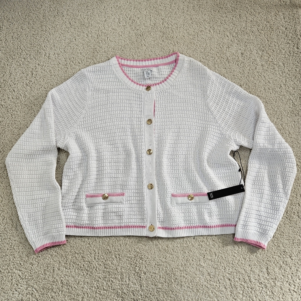 Nicole Miller Cardigan Artelier White Pink Gold Button New Womens 3x Old Money